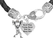 Weightlifters Barbell Lunge Pose, Never Stop Trying, Never Give Up, Never Quit Heart, On A Black Woven Leather Bracelet, Hypoallergenic - Nickel, Lead, And Poisonous Cadmium Free