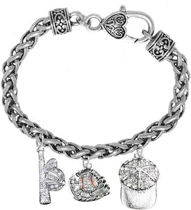 Baseball, Glove, Genuine Crystal. Bat, Caps Bracelet, Hypoallergenic, Safe-Nickel & Lead, Free