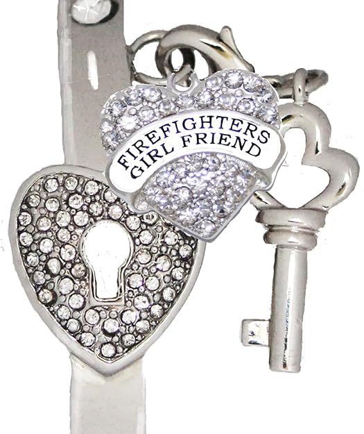 Firefighter's Girlfriend, The Key to My Heart Cuff Crystal Bracelet, It Really Locks! Hypoallergenic, Safe-Nickel, Lead, Free