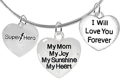 Mom, Super Hero, My Mom, My Joy, My Sunshine, My Heart, I Willl Love You Forever Necklace, Adjustable Hypoallergenic Sae- No Nickel. Lead, Or Poisonous Cadmium