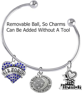 Air Force, I Love You to The Moon and Back, I Love My Airman, Adjustable, Removable Ball Bracelet, Add Charms Without Tools, Hypoallergenic, Safe-Nickel, Lead, Cadmium Free