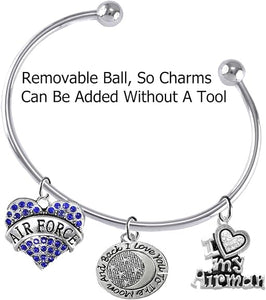 Air Force, I Love You to The Moon and Back, I Love My Airman, Adjustable, Removable Ball Bracelet, Add Charms Without Tools, Hypoallergenic, Safe-Nickel, Lead, Cadmium Free