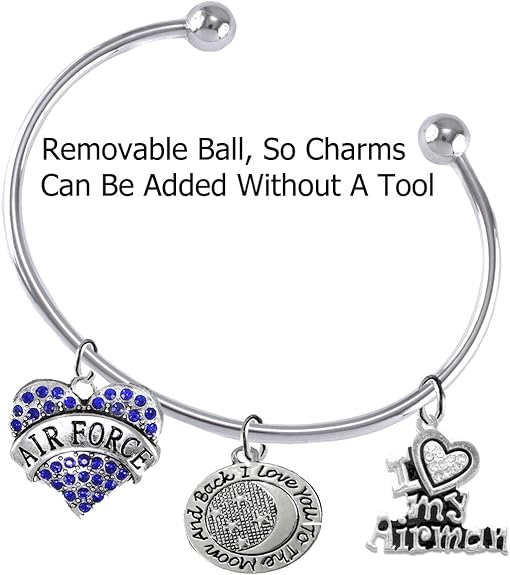 Air Force, I Love You to The Moon and Back, I Love My Airman, Adjustable, Removable Ball Bracelet, Add Charms Without Tools, Hypoallergenic, Safe-Nickel, Lead, Cadmium Free