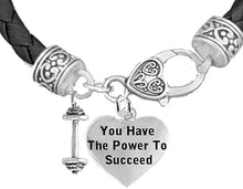 Weightlifters Dumbbell, You Have The Power to Succeed, On A Black Woven Leather Bracelet, Hypoallergenic - Nickel, Lead, and Poisonous Cadmium Free