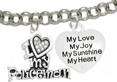 Policeman's, I Love My Policeman, My Love, My Joy, Adjustable Rolo Chain Bracelet, Hypoallergenic, Safe-Nickel, Lead, Free