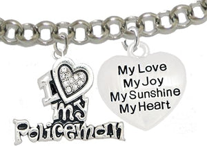 Policeman's, I Love My Policeman, My Love, My Joy, Adjustable Rolo Chain Bracelet, Hypoallergenic, Safe-Nickel, Lead, Free