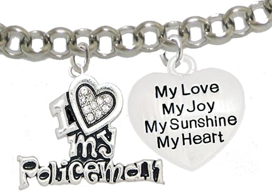 Policeman's, I Love My Policeman, My Love, My Joy, Adjustable Rolo Chain Bracelet, Hypoallergenic, Safe-Nickel, Lead, Free