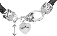 Weightlifters Barbell, Super Hero Heart On A Black Woven Leather Bracelet, Hypoallergenic - Nickel, Lead, And Poisonous Cadmium Free