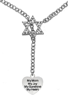 Jewish My Mom, My Joy, My Sunshine, My Heart, On A Heart, Through A Crystal Star Of David, Necklace Hypoallergenic, Safe-Nickel, Lead, And Cadmium Free
