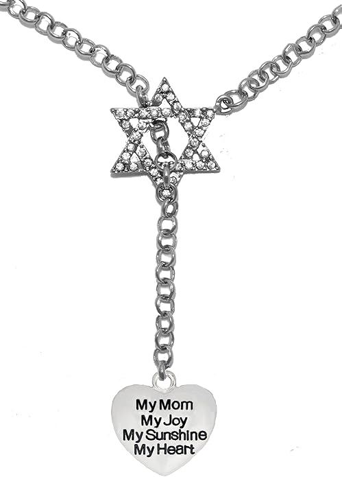 Jewish My Mom, My Joy, My Sunshine, My Heart, On A Heart, Through A Crystal Star Of David, Necklace Hypoallergenic, Safe-Nickel, Lead, And Cadmium Free