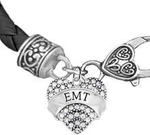 EMT Crystal Heart, On A Black Leather Hypoallergenic Bracelet, Nickel, Lead, And Poisonous Cadmium Free