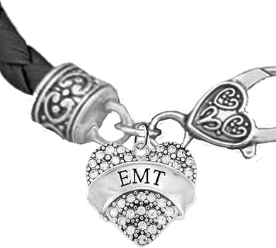 EMT Crystal Heart, On A Black Leather Hypoallergenic Bracelet, Nickel, Lead, And Poisonous Cadmium Free