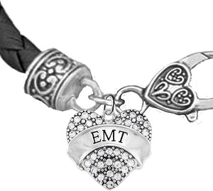 EMT Crystal Heart, On A Black Leather Hypoallergenic Bracelet, Nickel, Lead, And Poisonous Cadmium Free