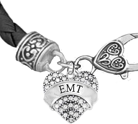 EMT Crystal Heart, On A Black Leather Hypoallergenic Bracelet, Nickel, Lead, And Poisonous Cadmium Free