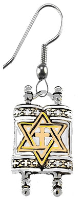 Messianic, Yeshua, Holy, Holy, Holy, Silvertone Antique Torah (Bible) With A 14 KT Goldtone Star of David And Cross On A Adjustable Silvertone Earring Wire Fishhook Earring. ©2024