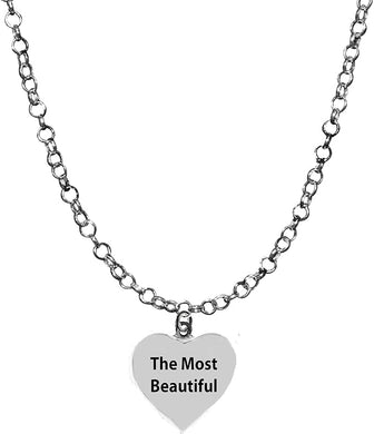The Most Beautiful, Message, The Most Beautiful Heart Jewelry, Endearment Jewelry, I Love You Jewelry, Adjustable 14-21 Inch Rolo Chain Necklace, Nickel, Lead, And Cadmium Free-Hypoallergenic
