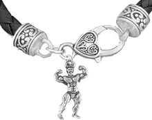 Weightlifters Front Double Biceps Pose, Black Woven Leather Bracelet, Hypoallergenic - Nickel, Lead, And Poisonous Cadmium Free
