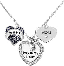 Navy Mom, Key to My Heart, Crystal Mom Heart Charm Necklace, Hypoallergenic, Safe-Nickel, Lead, Free