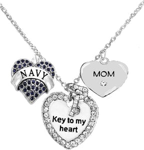 Navy Mom, Key to My Heart, Crystal Mom Heart Charm Necklace, Hypoallergenic, Safe-Nickel, Lead, Free
