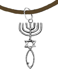 Messianic Seal of Jerusalem with Menorah, Star of David, Christian Fish (Ichthys) On A Adjustable Brown Suede Bracelet, Hypoallergenic, Safe-Nickel, Lead, Cadmium Free