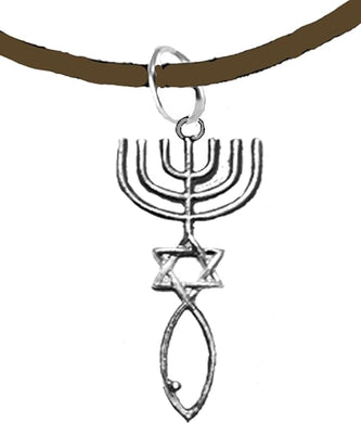 Messianic Seal of Jerusalem with Menorah, Star of David, Christian Fish (Ichthys) On A Adjustable Brown Suede Bracelet, Hypoallergenic, Safe-Nickel, Lead, Cadmium Free