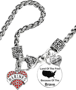 Marines, Land Of The Free, Because Of The Brave, Keep My Son Safe, Genuine Austrian Crystal Marine Heart On A Silvertone Antique Woven Wheat Chain Necklace. What A Wonderful Gift For Yourself, Or Someone Special. Hypoallergenic-Safe