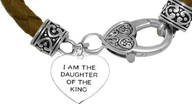I Am The Daugther Of The King Heart Genuine Brown Leather Bracelet, Safe-Nickel, Lead & Cadmium Free!