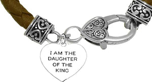 I Am The Daugther Of The King Heart Genuine Brown Leather Bracelet, Safe-Nickel, Lead & Cadmium Free!
