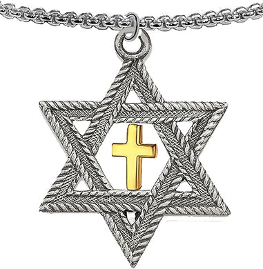 Messianic, Christian, Jewish, Antique Silvertone Star Of David, Gold Cross, Adjustable 18-21 Inch Box Chain Necklace, Hypoallergenic, No Nickel, Lead, Cadmium In The Metal