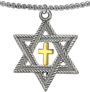 Messianic, Christian, Jewish, Antique Silvertone Star Of David, Gold Cross, Adjustable 18-21 Inch Box Chain Necklace, Hypoallergenic, No Nickel, Lead, Cadmium In The Metal