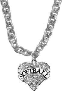 Softball, Genuine Crystal Heart On A Sterling Silver Solid .925 Sterling, Not Plated Or Coated.18 Inch Chain, Hyperallergenic Safe-Nickel, Lead, Cadmium Free
