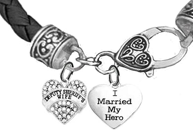 Deputy Sheriff's Wife, I Married My Hero, On A Genuine Black Leather Bracelet, Hypoallergenic Safe-Nickel, Lead And Cadmium Free