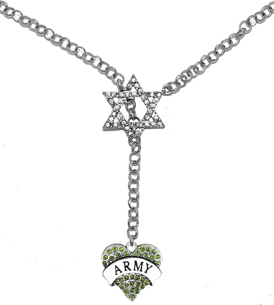 Jewish Army Crystal Heart, Through A Crystal Star Of David, Rolo Chain Necklace Hypoallergenic, Safe-Nickel, Lead, And Cadmium Free