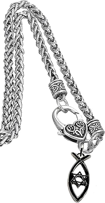 Messianic Christian Black Anodized Fish, Star Of David On A Antique Wheat Chain Necklace. If you do not believe that this jewelry is beautiful when you receive it, simply return it for a full refund, Large, Silver, Carnelian