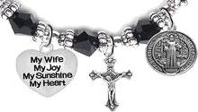 Saint Benedict Protective Charm, My Wife, My Joy, My Sunshine, My Heart, and Prayer, Protect Me from Harm, from Evil, Hypoallergenic Black Crystal Bracelet, Nickel, Lead, Cadmium Free