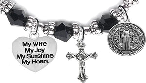 Saint Benedict Protective Charm, My Wife, My Joy, My Sunshine, My Heart, and Prayer, Protect Me from Harm, from Evil, Hypoallergenic Black Crystal Bracelet, Nickel, Lead, Cadmium Free
