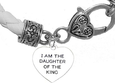 I Am The Daugther Of The King Heart Genuine White Leather Bracelet, Safe-Nickel, Lead & Cadmium Free!