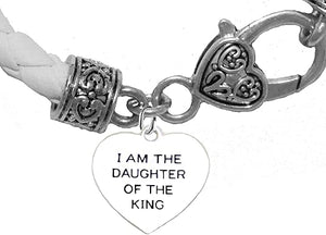 I Am The Daugther Of The King Heart Genuine White Leather Bracelet, Safe-Nickel, Lead & Cadmium Free!