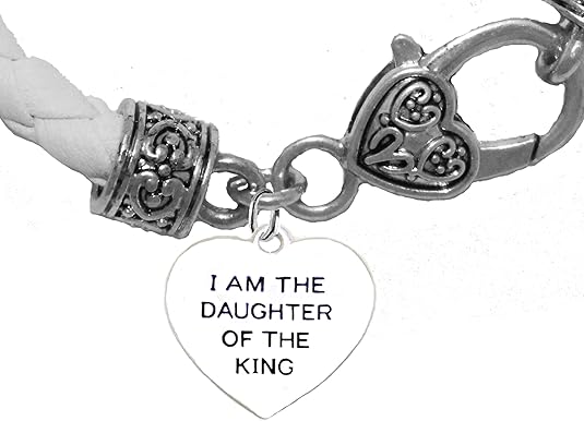 I Am The Daugther Of The King Heart Genuine White Leather Bracelet, Safe-Nickel, Lead & Cadmium Free!