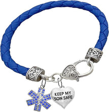 EMT Genuine Crystal Symbol, Keep My Son Safe Heart, On A Blue Leather Hypoallergenic Bracelet, Nickel, Lead, and Poisonous Cadmium Free
