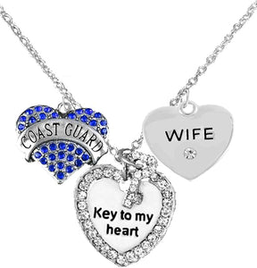 Coast Guard Wife, Key to My Heart, Crystal Wife Heart Charm Necklace, Adjustable, Hypoallergenic, Safe- Nickel, Lead, and Cadmium Free