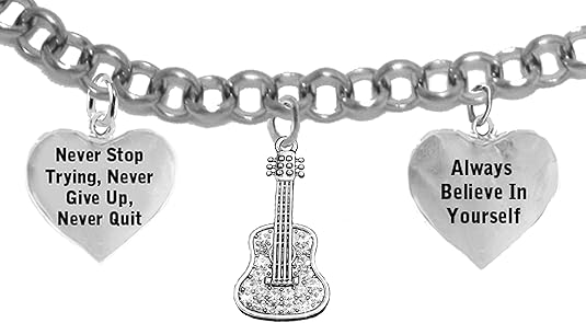 The Perfect Gift, Crystal Guitar Never Give Up, Never Quit Hypoallergenic Adjustable Bracelet. Safe, Nickel, Lead and Poisonous Cadmium Free.