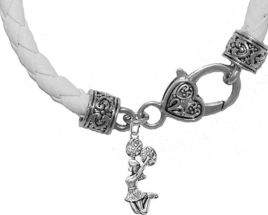 Cheer Crystal Jumping Cheerleader, Genuine White Leather,Antique Vintage Silver Cheerleader Bracelet,Hypoallergenic,Contains No Nickel,Lead,Or Poisonous Cadmium-It Is What You Do Not See That Matters™