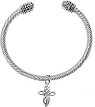 Christian Adjustable, Twisted Cable Silver-Tone Bracelet With Genuine Crystal Cross, With Crystal Ends, Hypoallergenic, Safe-Nickel, Lead, Cadmium Free