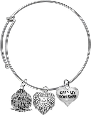 Navy, Navy Mom Crystal Charm, Keep My Son Safe Adjustable Miracle Wire Bracelet, Hypoallergenic, Safe-No Nickel, No Lead and No Poisonous Cadmium