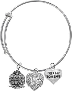 Navy, Navy Mom Crystal Charm, Keep My Son Safe Adjustable Miracle Wire Bracelet, Hypoallergenic, Safe-No Nickel, No Lead and No Poisonous Cadmium