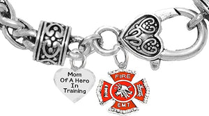EMT, Firefighter,Mom Of A Hero In Training, Fire Department Charm, On A Antique Wheat Chain Bracelet, Hypoallergenic Safe-Nickel, Lead And Cadmium Free