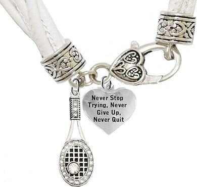 Tennis, Never Stop Trying, Never Give Up, Never Quit, Hypoallergenic White Leather Bracelet, Safe-Nickel, Lead, and Cadmium Free!