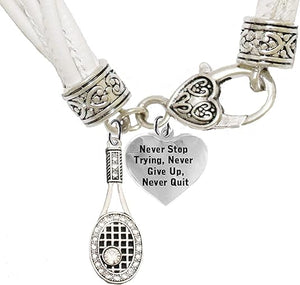 Tennis, Never Stop Trying, Never Give Up, Never Quit, Hypoallergenic White Leather Bracelet, Safe-Nickel, Lead, and Cadmium Free!