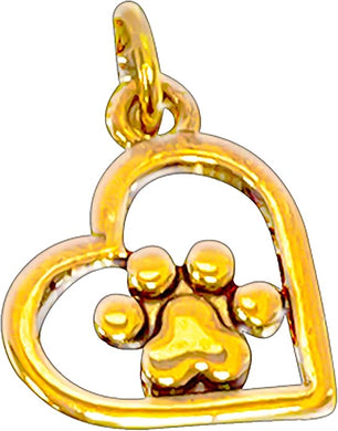 Paw In Heart, Beautiful 14KT Finish, Jump Ring Attached, Hypoallergenic-Safe. No Nickel, Lead, Or Cadmium In The Metal. Cardinali®Jewelry ©2024, Goldtone